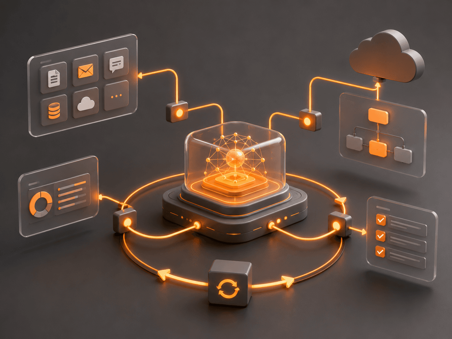 Orange and gray AI automation workflow engine illustration