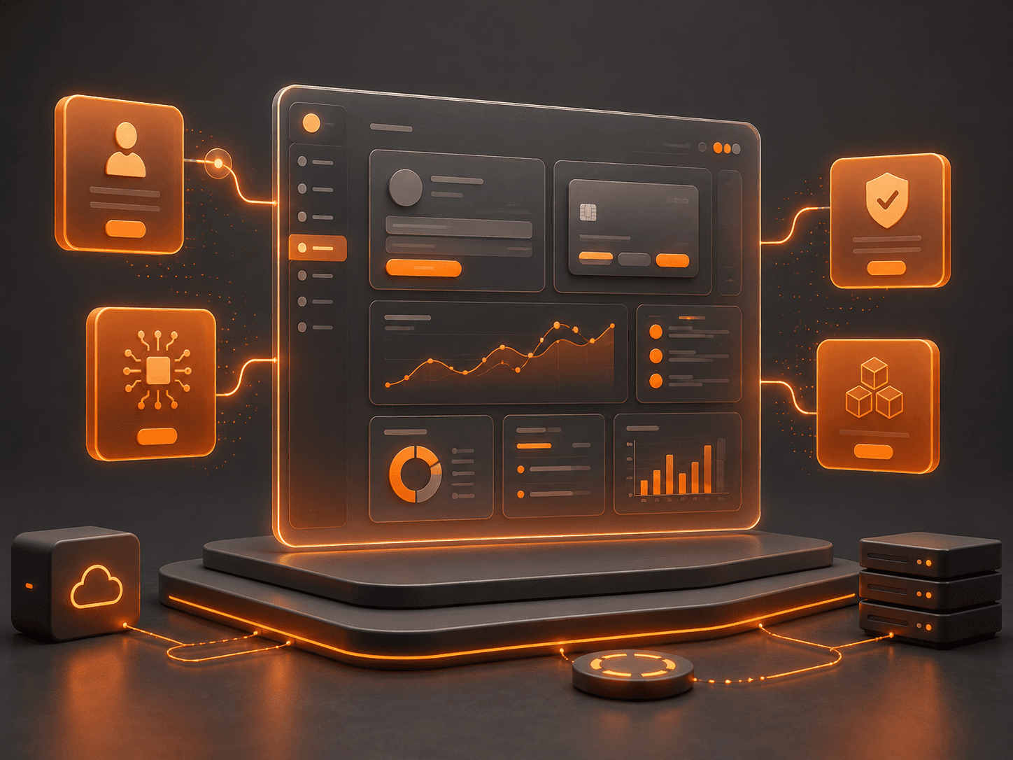 Orange and gray web app dashboard and product module illustration