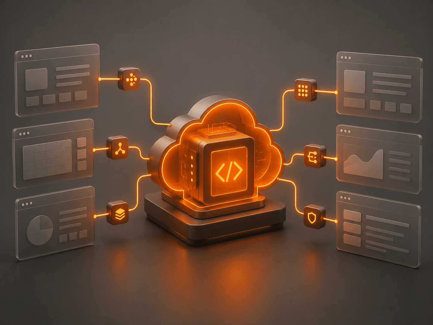 Orange-gray cloud automation architecture diagram showing robust code-based integrations