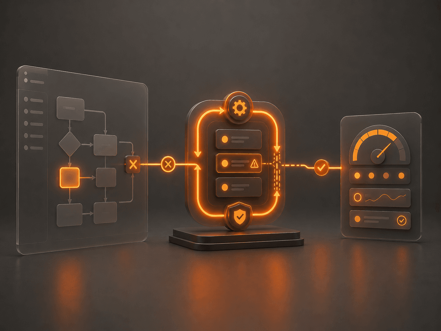 Orange-gray production automation operations diagram showing retries and recovery