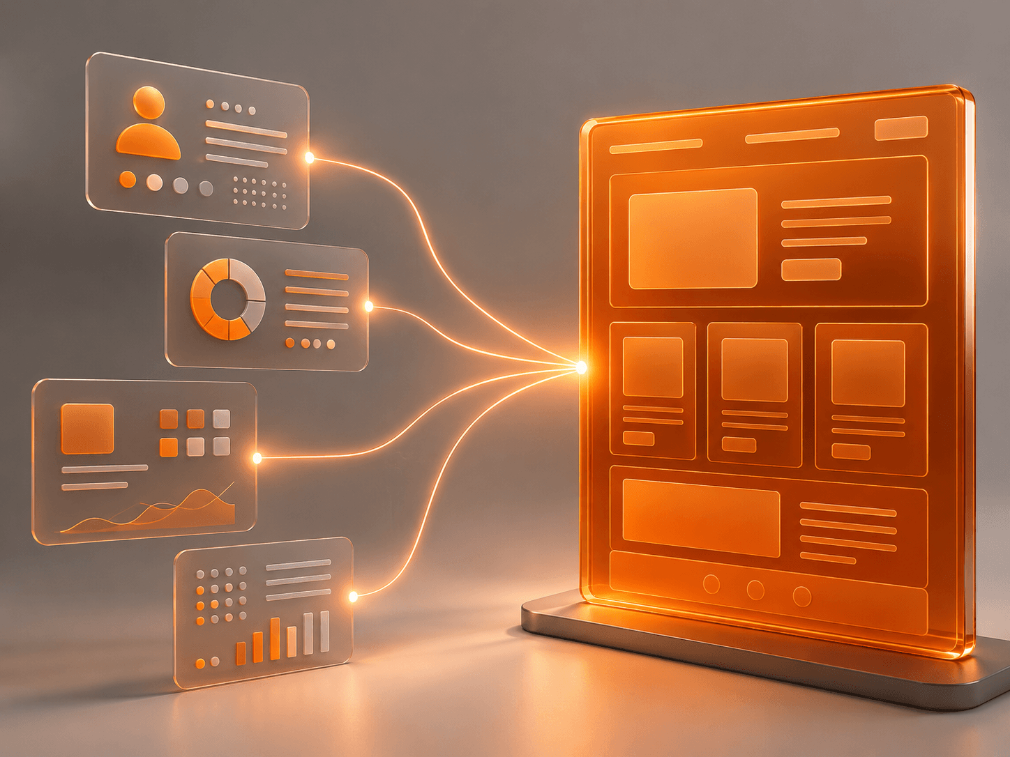 Orange strategy cards converging into a web app planning blueprint