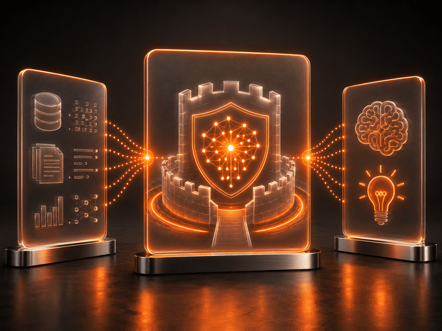 Orange diagram of a company's raw data and domain knowledge converging into an AI core that forms a competitive moat